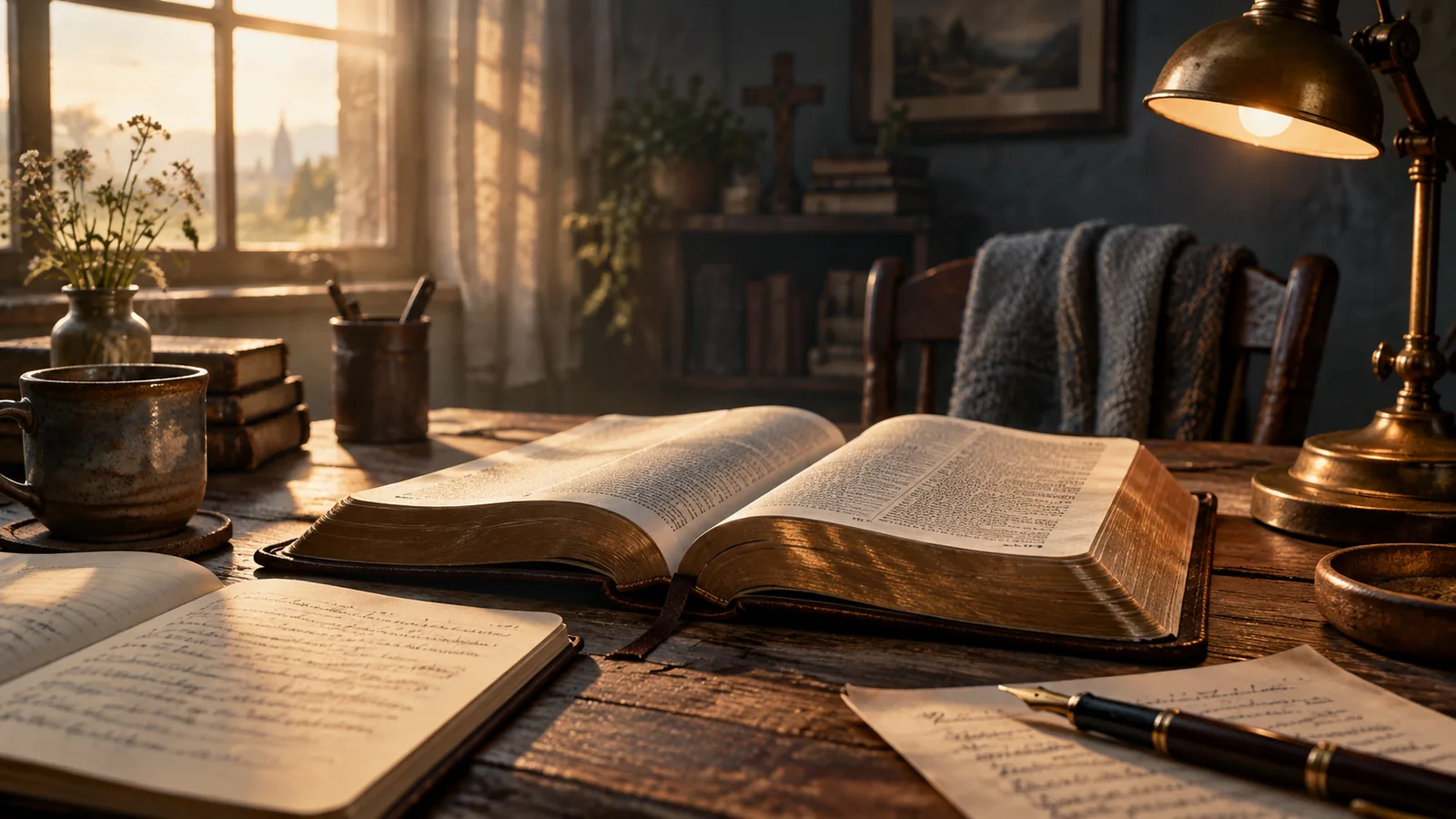 Biblia abierta sobre un escritorio de madera con notas manuscritas y luz cálida, preparación de un sermón expositivo