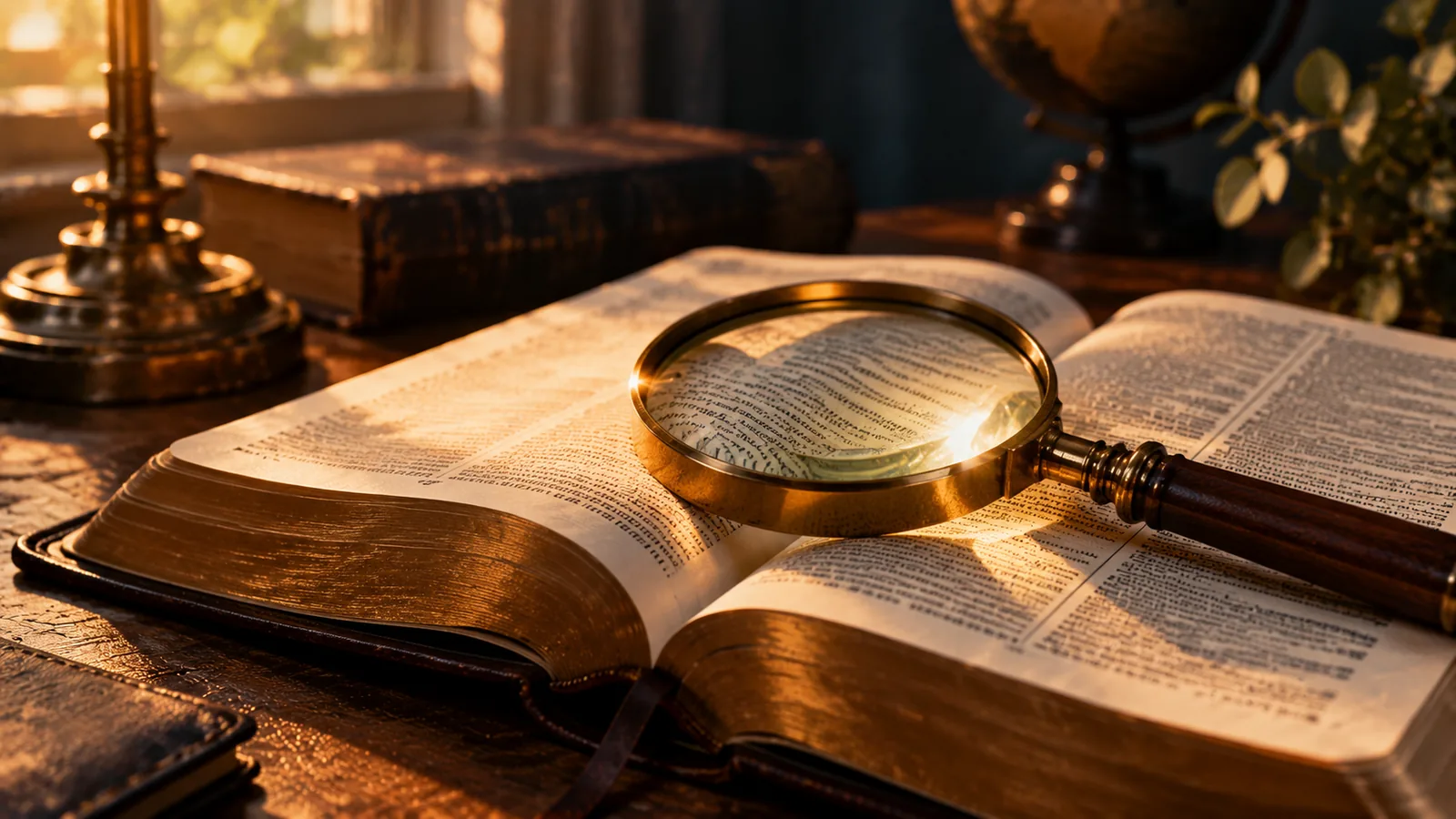 Lente d'ingrandimento su una pagina della Bibbia aperta, con luce dorata, simbolo dell'interpretazione biblica