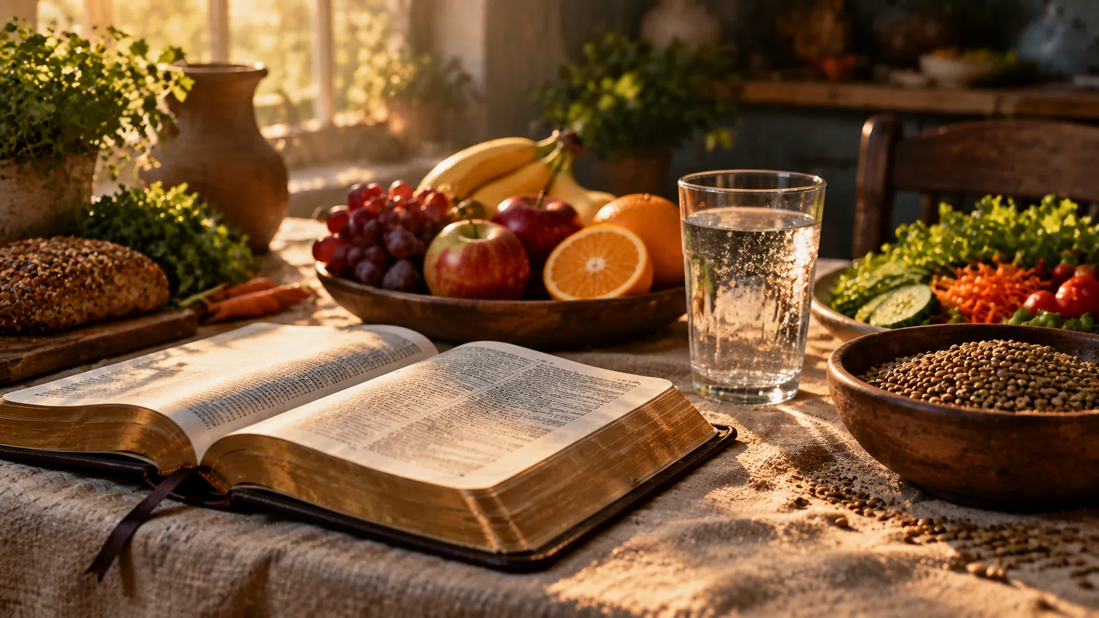 Mesa sencilla con frutas, legumbres y agua junto a una Biblia abierta, ayuno de Daniel