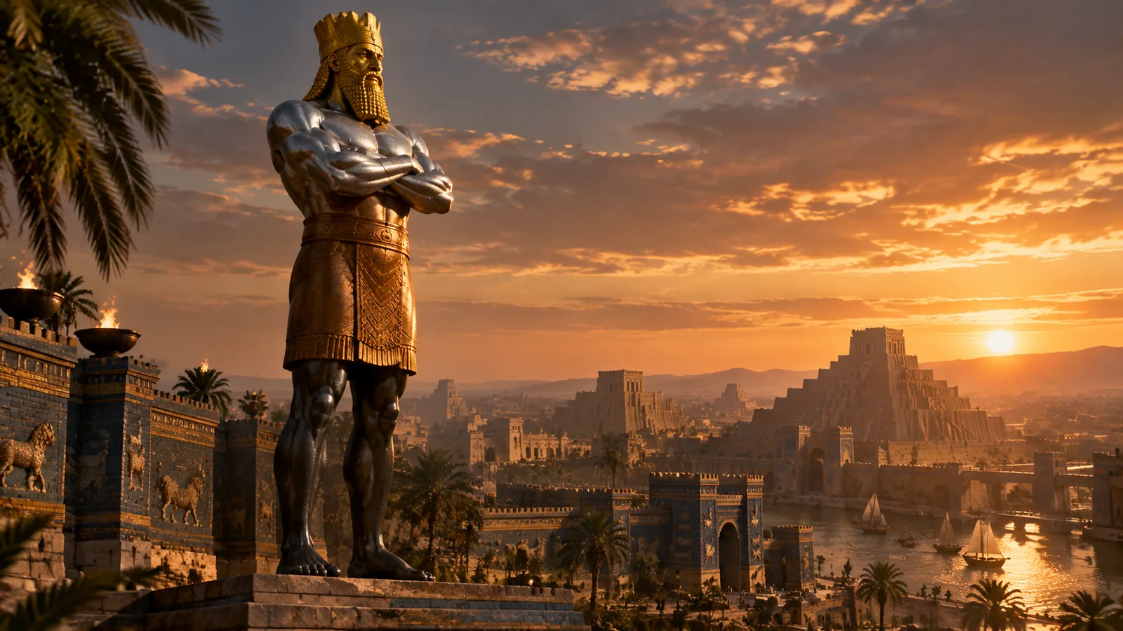 Estatua monumental de metales sobre fondo de Babilonia antigua con cielo dorado, visión del libro de Daniel