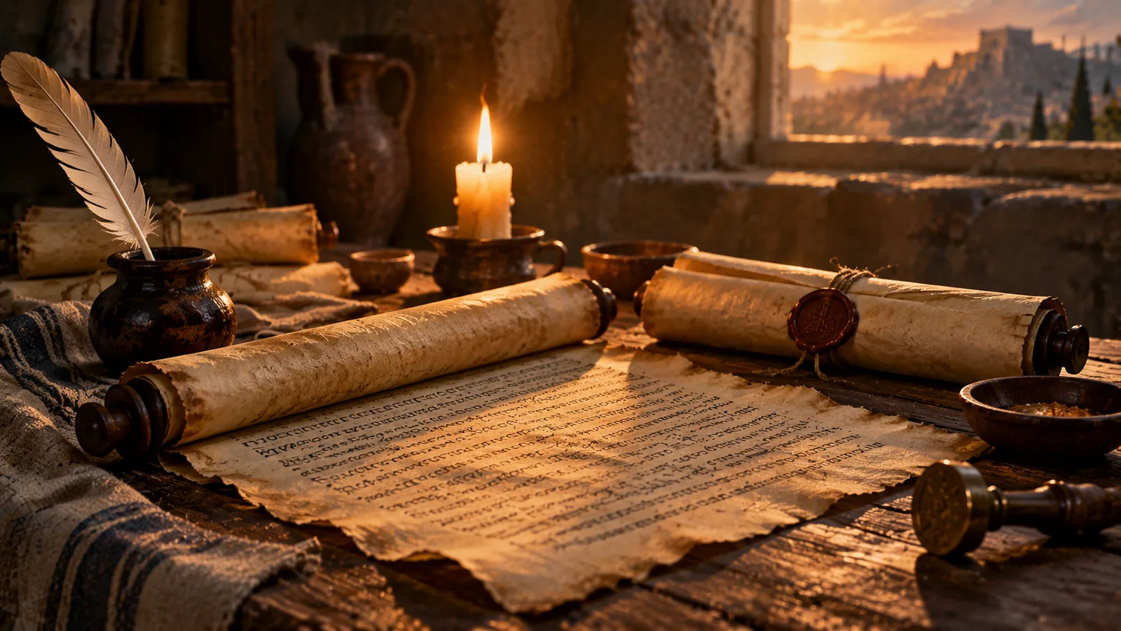 Rolos antigos com escrita sobre uma mesa de madeira iluminada por uma vela, as cartas de Paulo