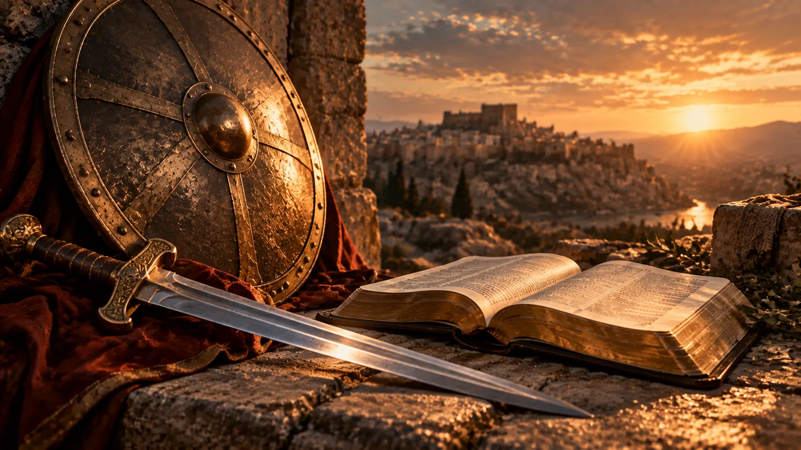 Escudo e espada antigos ao lado de uma Bíblia aberta sob luz dourada, a armadura de Deus