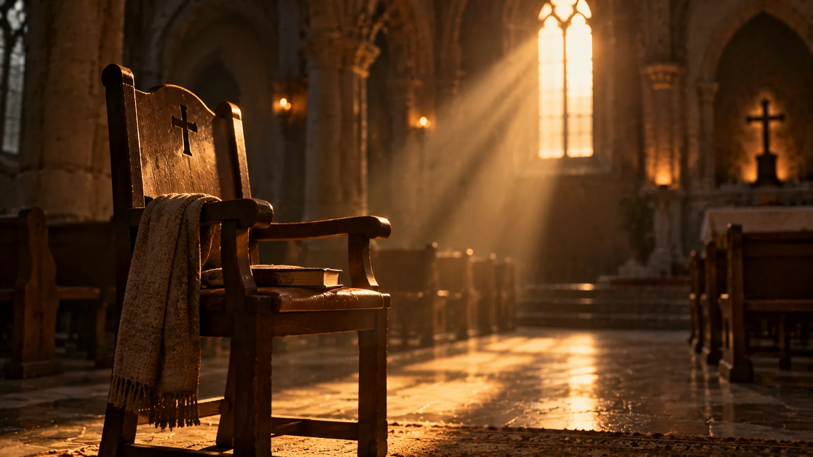 Silla vacía en una iglesia en penumbra con un rayo de luz que entra por la ventana, descanso del líder cristiano