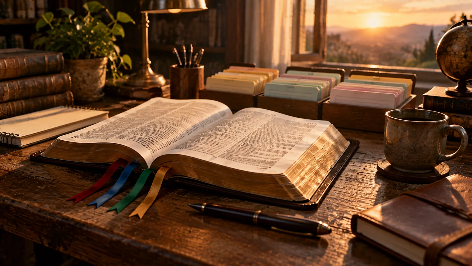 Varios marcadores de colores sobre una Biblia abierta y notas organizadas por temas, predicación temática