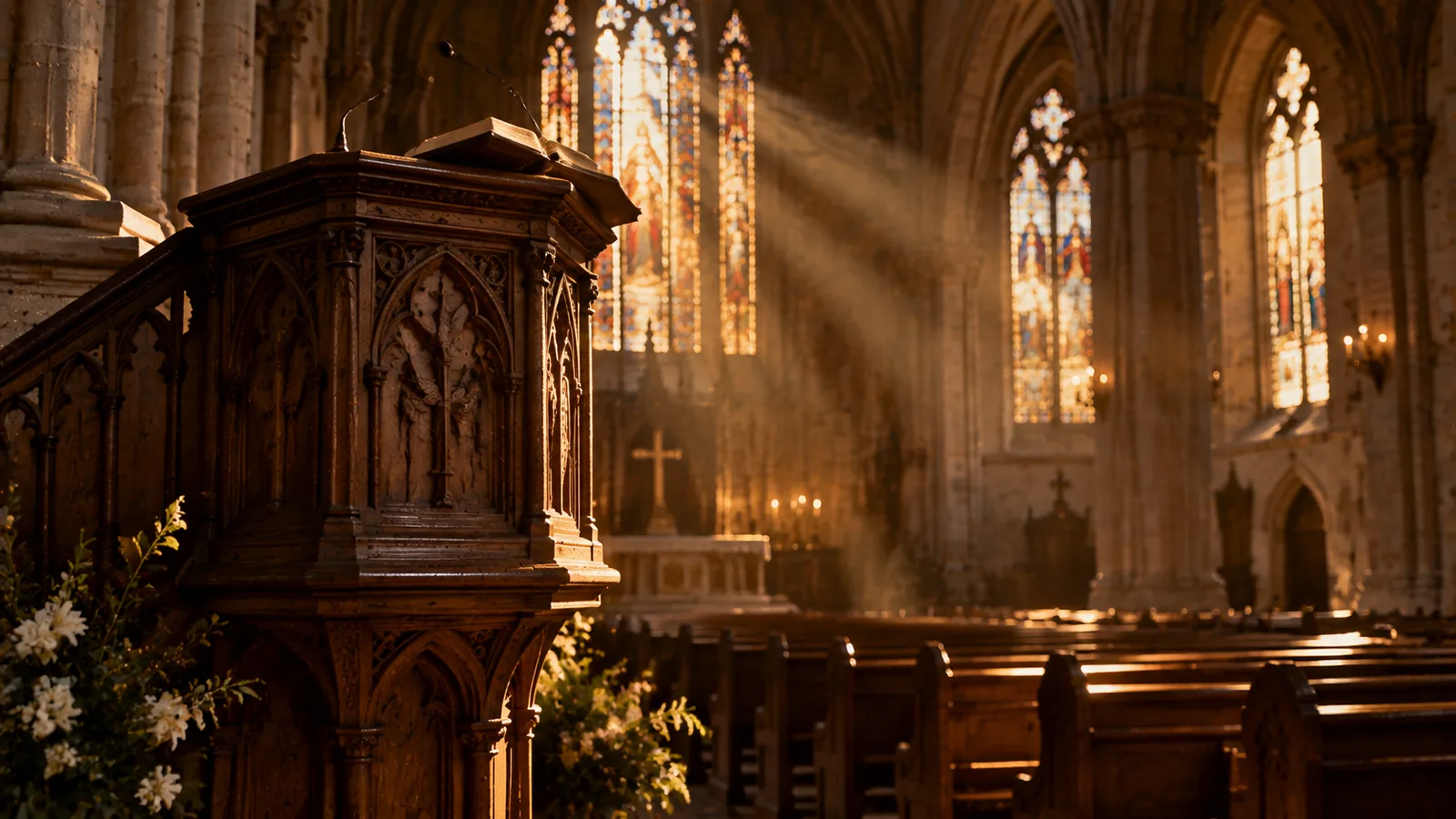 Púlpito antigo de madeira numa catedral com luz entrando pelos vitrais, história da pregação cristã