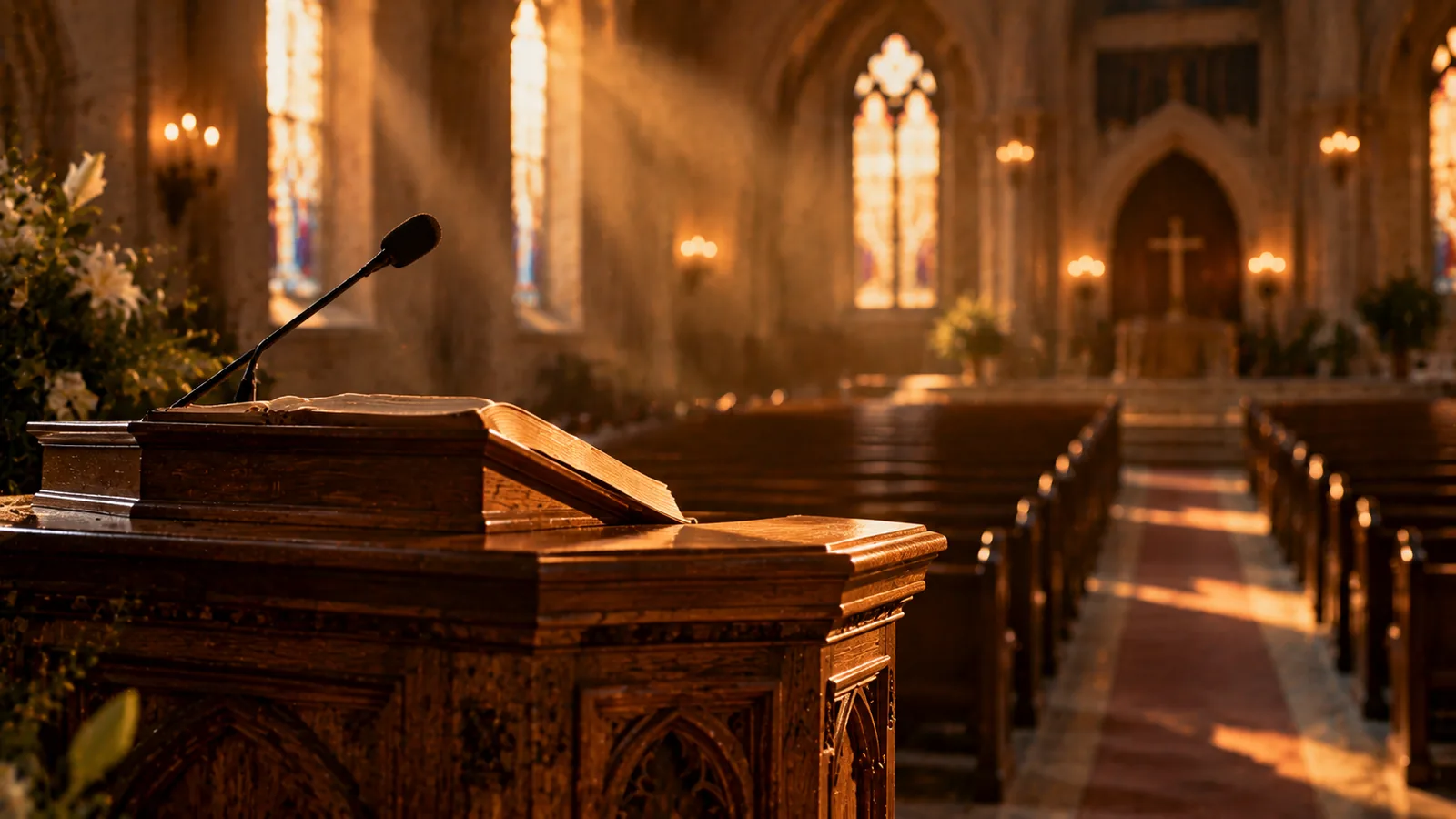 Micrófono en un púlpito de madera con luz cálida y bancos de iglesia desenfocados al fondo, comunicación en el púlpito
