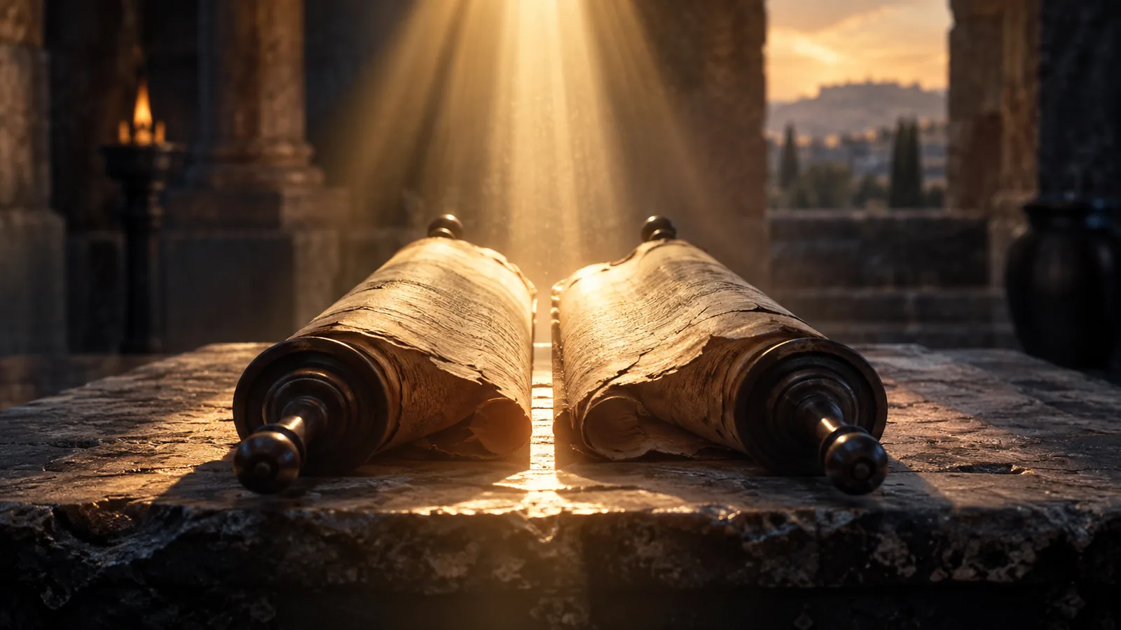 Dos rollos antiguos unidos por un rayo de luz dorada sobre una mesa de piedra, unidad de los dos testamentos