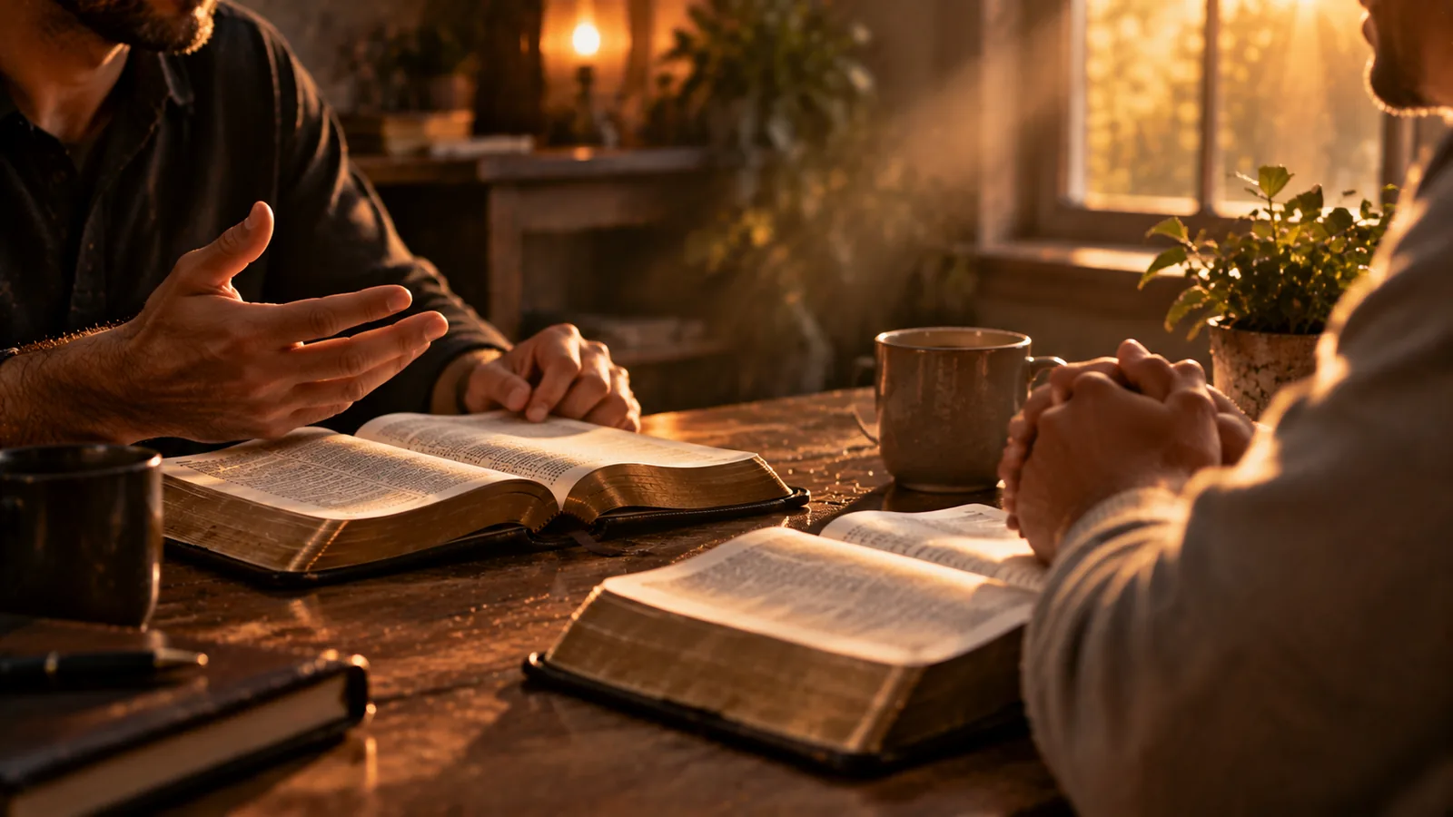 Dos personas conversando con Biblias abiertas sobre una mesa de madera, discipulado cristiano