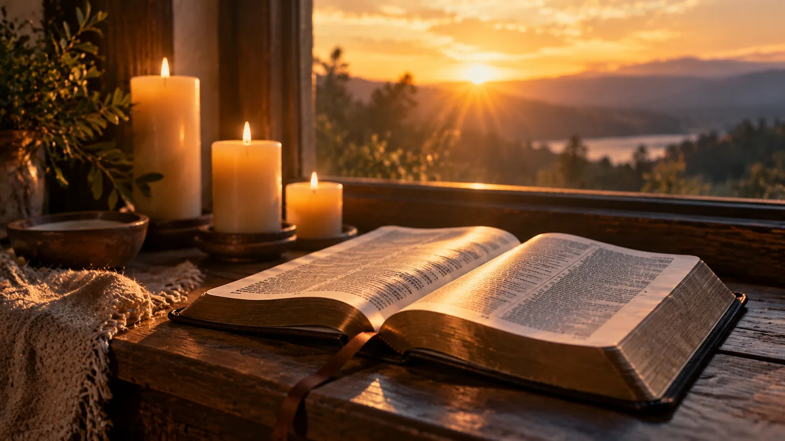 Candele accese davanti a una finestra all'alba con una Bibbia aperta, adorazione e presenza di Dio