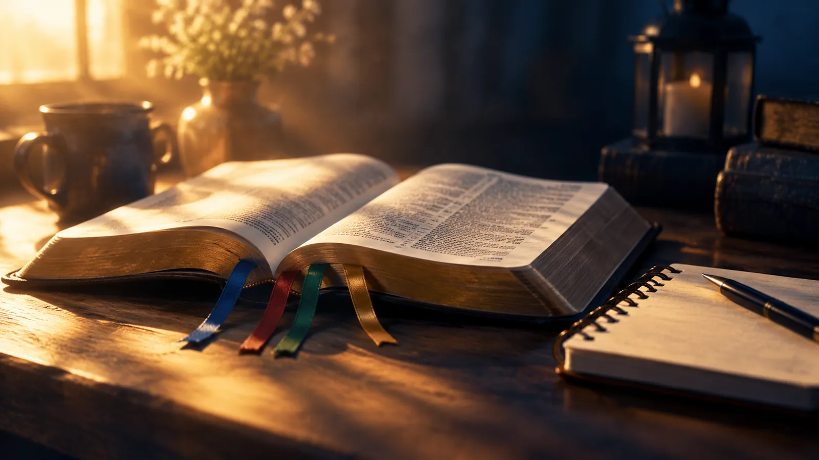 Bíblia aberta com um lápis e um caderno de anotações sobre uma mesa de madeira, estudo bíblico pessoal