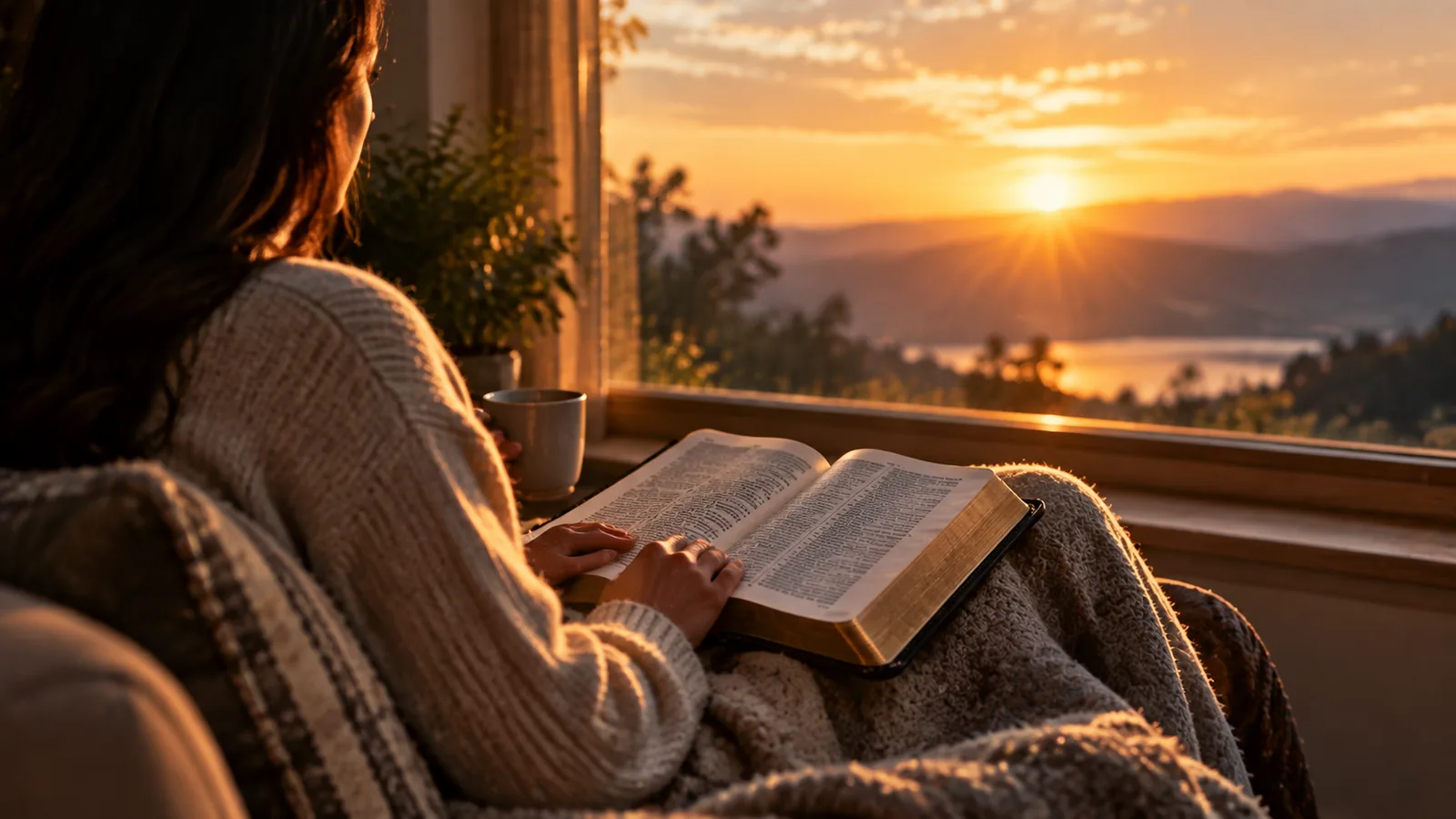 Persona seduta in silenzio accanto a una finestra con la Bibbia in grembo all'alba, pace interiore