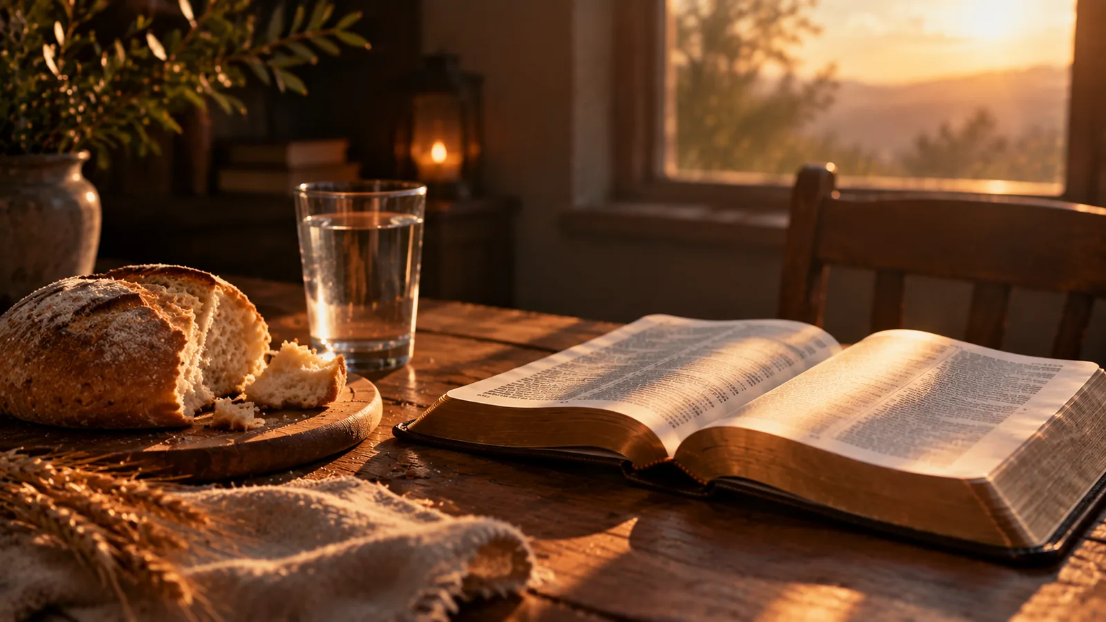 Mesa sencilla con pan, agua y una Biblia abierta en luz suave, ayuno y oración