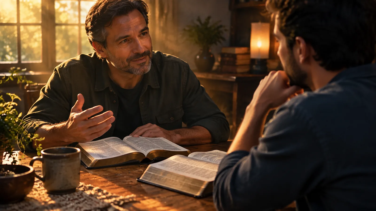 Dos personas conversando en una cafetería con luz de la tarde, evangelismo personal