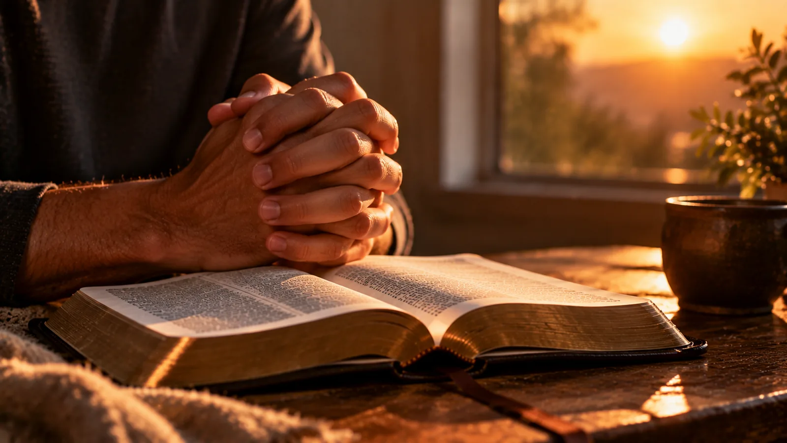 Manos unidas en oración sobre una Biblia abierta en luz cálida, intercesión