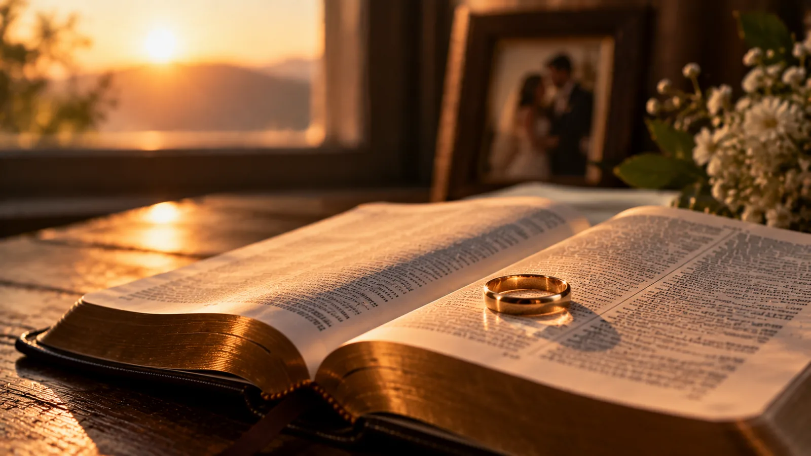 Fede nuziale posata su una Bibbia aperta con luce soffusa, famiglia cristiana