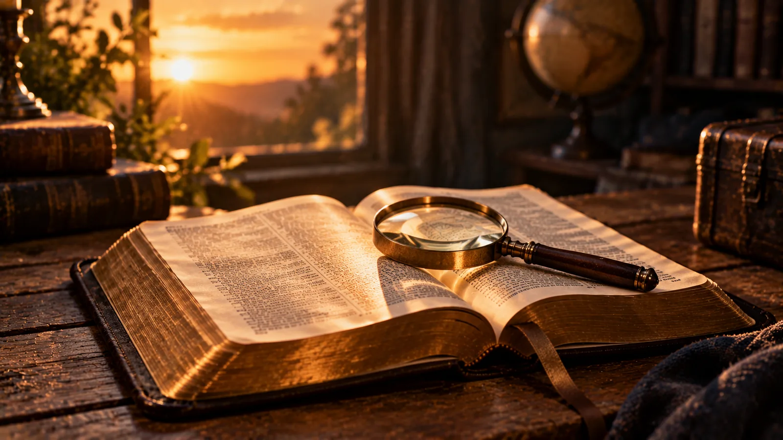 Bibbia antica aperta con pagine dorate e una lente d'ingrandimento sul tavolo, storie curiose di personaggi