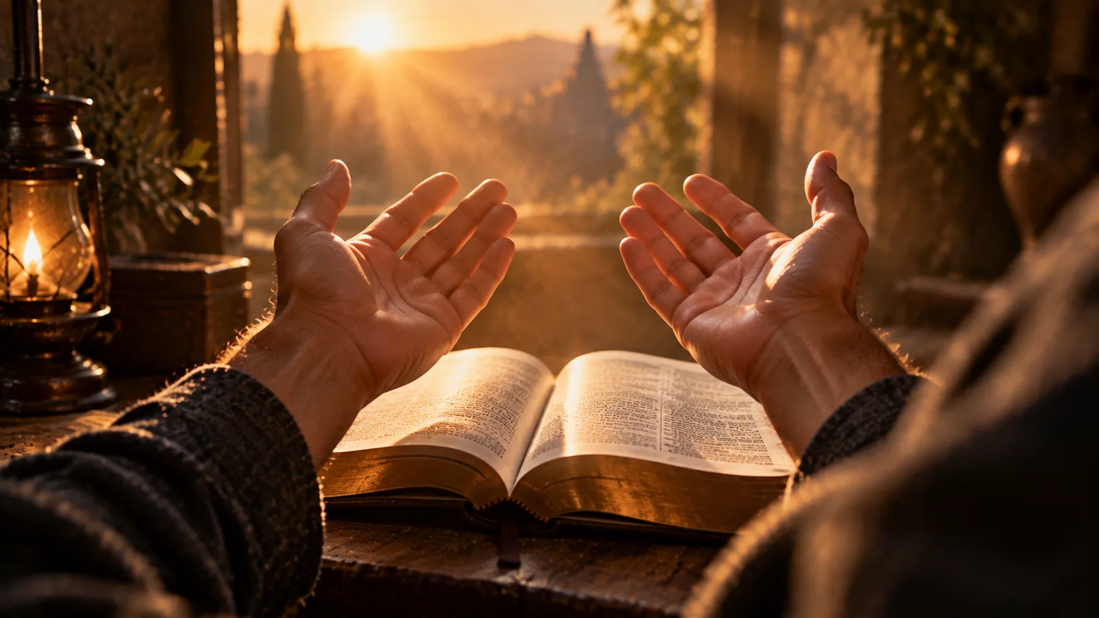 Manos abiertas recibiendo luz suave sobre una Biblia abierta, dones espirituales