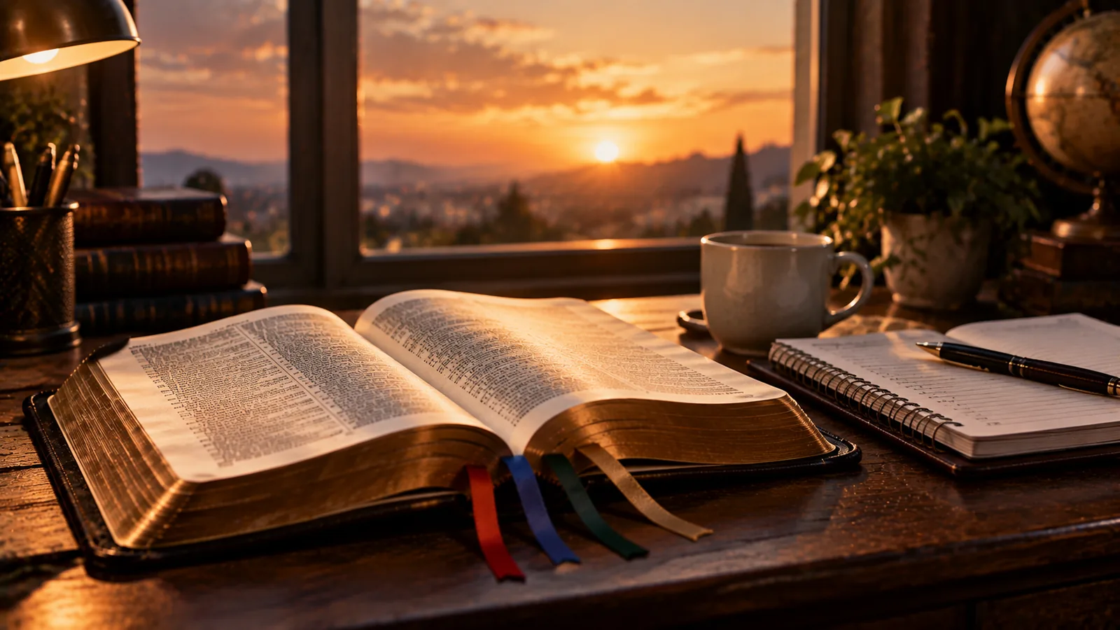 Bíblia aberta com marcadores coloridos e um planner sobre uma mesa ao entardecer, plano de leitura bíblica
