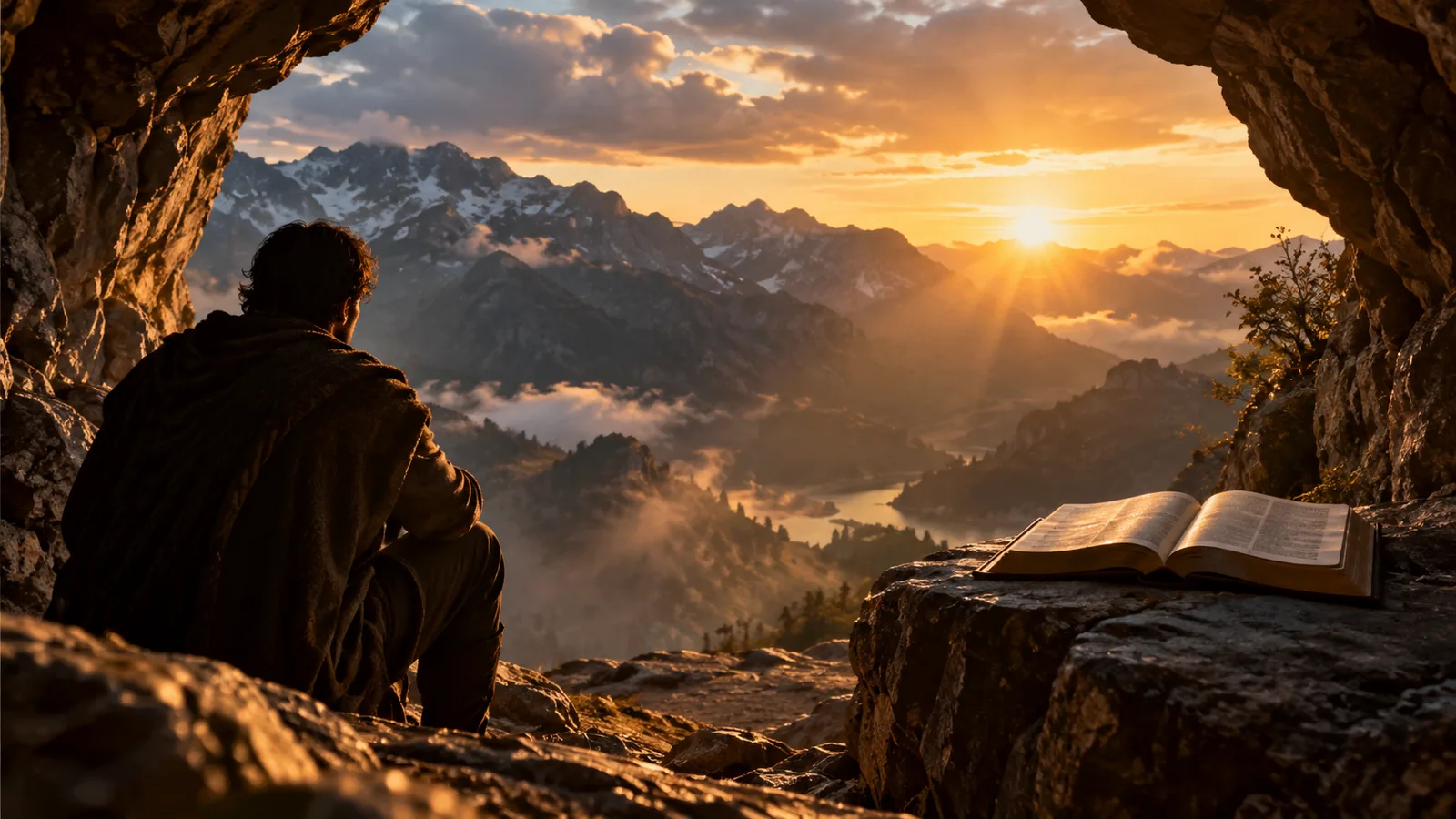 Hombre sentado a la entrada de una cueva en la montaña al amanecer, mirando el valle, con una Biblia abierta sobre la roca